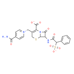 ChemSpider 2D Image | 3-[(4-Carbamoyl-1-pyridiniumyl)methyl]-8-oxo-7-{[phenyl(sulfonato)acetyl]amino}-5-thia-1-azabicyclo[4.2.0]oct-2-ene-2-carboxylate | C22H19N4O8S2