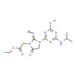 ChemSpider 2D Image | Ethyl {(2Z)-2-imino-3-[4-(isopropylamino)-6-methoxy-1,3,5-triazin-2-yl]-5-oxo-1-imidazolidinyl}acetate | C14H21N7O4