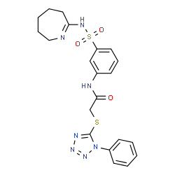 ChemSpider 2D Image | 2-[(1-Phenyl-1H-tetrazol-5-yl)sulfanyl]-N-[3-(3,4,5,6-tetrahydro-2H-azepin-7-ylsulfamoyl)phenyl]acetamide | C21H23N7O3S2
