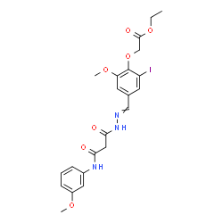 ChemSpider 2D Image | Ethyl {2-iodo-6-methoxy-4-[({3-[(3-methoxyphenyl)amino]-3-oxopropanoyl}hydrazono)methyl]phenoxy}acetate | C22H24IN3O7