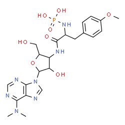 ChemSpider 2D Image | [1-({5-[6-(Dimethylamino)-9H-purin-9-yl]-4-hydroxy-2-(hydroxymethyl)tetrahydro-3-furanyl}amino)-3-(4-methoxyphenyl)-1-oxo-2-propanyl]phosphoramidic acid | C22H30N7O8P