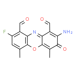 ChemSpider 2D Image | 2-Amino-8-fluoro-4,6-dimethyl-3-oxo-3H-phenoxazine-1,9-dicarbaldehyde | C16H11FN2O4