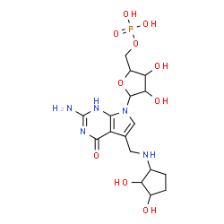 ChemSpider 2D Image | 2-Amino-5-{[(2,3-dihydroxycyclopentyl)amino]methyl}-7-(5-O-phosphonopentofuranosyl)-1,7-dihydro-4H-pyrrolo[2,3-d]pyrimidin-4-one | C17H26N5O10P