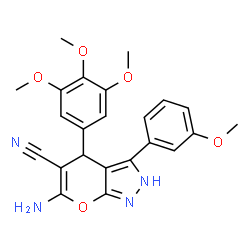 ChemSpider 2D Image | 6-Amino-3-(3-methoxyphenyl)-4-(3,4,5-trimethoxyphenyl)-2,4-dihydropyrano[2,3-c]pyrazole-5-carbonitrile | C23H22N4O5