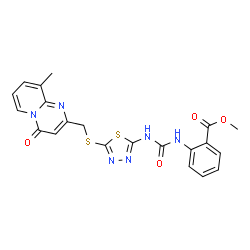 ChemSpider 2D Image | Methyl 2-{[(5-{[(9-methyl-4-oxo-4H-pyrido[1,2-a]pyrimidin-2-yl)methyl]sulfanyl}-1,3,4-thiadiazol-2-yl)carbamoyl]amino}benzoate | C21H18N6O4S2