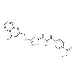 ChemSpider 2D Image | Methyl 4-{[(5-{[(9-methyl-4-oxo-4H-pyrido[1,2-a]pyrimidin-2-yl)methyl]sulfanyl}-1,3,4-thiadiazol-2-yl)carbamoyl]amino}benzoate | C21H18N6O4S2