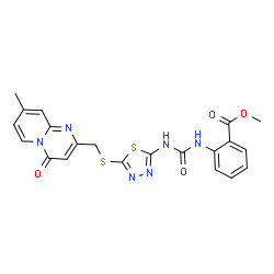 ChemSpider 2D Image | Methyl 2-{[(5-{[(8-methyl-4-oxo-4H-pyrido[1,2-a]pyrimidin-2-yl)methyl]sulfanyl}-1,3,4-thiadiazol-2-yl)carbamoyl]amino}benzoate | C21H18N6O4S2