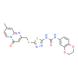 ChemSpider 2D Image | 1-(2,3-Dihydro-1,4-benzodioxin-6-yl)-3-(5-{[(8-methyl-4-oxo-4H-pyrido[1,2-a]pyrimidin-2-yl)methyl]sulfanyl}-1,3,4-thiadiazol-2-yl)urea | C21H18N6O4S2