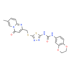 ChemSpider 2D Image | 1-(2,3-Dihydro-1,4-benzodioxin-6-yl)-3-(5-{[(7-methyl-4-oxo-4H-pyrido[1,2-a]pyrimidin-2-yl)methyl]sulfanyl}-1,3,4-thiadiazol-2-yl)urea | C21H18N6O4S2