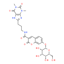 ChemSpider 2D Image | N-[3-(1,3-Dimethyl-2,6-dioxo-2,3,6,7-tetrahydro-1H-purin-8-yl)propyl]-2-oxo-7-(beta-D-talopyranosyloxy)-2H-chromene-3-carboxamide | C26H29N5O11