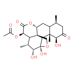 ChemSpider 2D Image | (1beta,4beta,5xi,9xi,11beta,12alpha,14xi,15beta)-1,11,12-Trihydroxy-2,16-dioxo-11,20-epoxypicrasan-15-yl acetate | C22H30O9