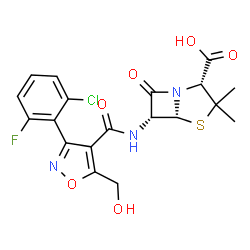 ChemSpider 2D Image | (2R,5R,6R)-6-({[3-(2-Chloro-6-fluorophenyl)-5-(hydroxymethyl)-1,2-oxazol-4-yl]carbonyl}amino)-3,3-dimethyl-7-oxo-4-thia-1-azabicyclo[3.2.0]heptane-2-carboxylic acid | C19H17ClFN3O6S