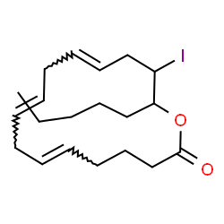 ChemSpider 2D Image | (6E,9E,12E)-15-Iodo-16-pentyloxacyclohexadeca-6,9,12-trien-2-one | C20H31IO2