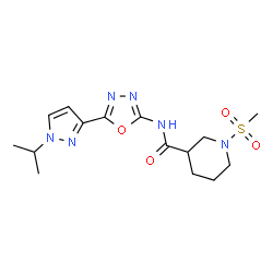 ChemSpider 2D Image | N-[5-(1-Isopropyl-1H-pyrazol-3-yl)-1,3,4-oxadiazol-2-yl]-1-(methylsulfonyl)-3-piperidinecarboxamide | C15H22N6O4S