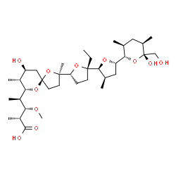 ChemSpider 2D Image | (2R,3S,4R)-4-[(2R,5R,7S,8R,9S)-2-{(2S,2'S,3'R,5R,5'S)-2-ethyl-5'-[(2S,3S,5R,6R)-6-hydroxy-6-(hydroxymethyl)-3,5-dimethyltetrahydro-2H-pyran-2-yl]-3'-methyloctahydro-2,2'-bifuran-5-yl}-9-hydroxy-2,8-dimethyl-1,6-dioxaspiro[4.5]dec-7-yl]-3-methoxy-2-methylpentanoic acid | C36H62O11