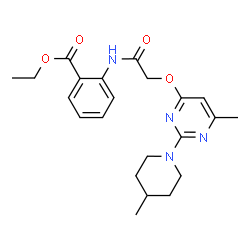 ChemSpider 2D Image | Ethyl 2-[({[6-methyl-2-(4-methyl-1-piperidinyl)-4-pyrimidinyl]oxy}acetyl)amino]benzoate | C22H28N4O4