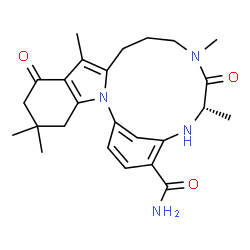 ChemSpider 2D Image | (16S)-5,5,9,14,16-Pentamethyl-7,15-dioxo-2,14,17-triazatetracyclo[16.3.1.0~2,10~.0~3,8~]docosa-1(22),3(8),9,18,20-pentaene-19-carboxamide | C25H32N4O3