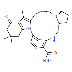 ChemSpider 2D Image | (18R)-5,5,9-Trimethyl-7-oxo-2,14,20-triazapentacyclo[19.3.1.0~2,10~.0~3,8~.0~14,18~]pentacosa-1(25),3(8),9,21,23-pentaene-22-carboxamide | C26H34N4O2