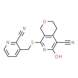 ChemSpider 2D Image | 8-{[(2-Cyano-3-pyridinyl)methyl]sulfanyl}-6-hydroxy-3,4-dihydro-1H-pyrano[3,4-c]pyridine-5-carbonitrile | C16H12N4O2S