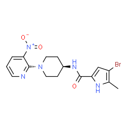 ChemSpider 2D Image | 4-Bromo-5-methyl-N-[1-(3-nitro-2-pyridinyl)-4-piperidinyl]-1H-pyrrole-2-carboxamide | C16H18BrN5O3