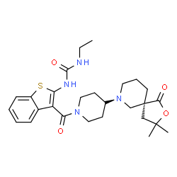 ChemSpider 2D Image | 1-[3-({4-[(5S)-3,3-Dimethyl-1-oxo-2-oxa-7-azaspiro[4.5]dec-7-yl]-1-piperidinyl}carbonyl)-1-benzothiophen-2-yl]-3-ethylurea | C27H36N4O4S