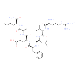 ChemSpider 2D Image | N-[(2S)-2-({N~5~-[Amino(iminio)methyl]-L-ornithyl-L-valyl}amino)-4-methylpentyl]-L-phenylalanyl-L-alpha-glutamyl-L-alanyl-L-norleucinamide | C40H70N11O8