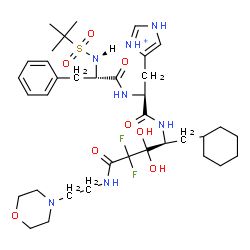 ChemSpider 2D Image | N-[(2-Methyl-2-propanyl)sulfonyl]phenylalanyl-N-[(2S)-1-cyclohexyl-4,4-difluoro-3,3-dihydroxy-5-{[2-(4-morpholinyl)ethyl]amino}-5-oxo-2-pentanyl]-3-(1H-imidazol-3-ium-4-yl)alaninamide | C36H56F2N7O8S