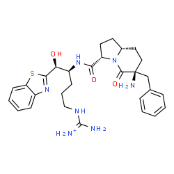 ChemSpider 2D Image | {[(4S,5S)-4-({[(3S,6S,8aR)-6-Amino-6-benzyl-5-oxooctahydro-3-indolizinyl]carbonyl}amino)-5-(1,3-benzothiazol-2-yl)-5-hydroxypentyl]amino}(imino)methanaminium | C29H38N7O3S