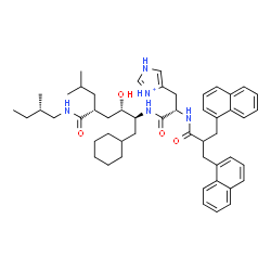 ChemSpider 2D Image | N-[(2S,3S,5R)-1-Cyclohexyl-3-hydroxy-7-methyl-5-{[(2S)-2-methylbutyl]carbamoyl}-2-octanyl]-3-(1H-imidazol-1-ium-5-yl)-N~2~-[3-(1-naphthyl)-2-(1-naphthylmethyl)propanoyl]-L-alaninamide | C51H68N5O4