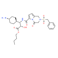 ChemSpider 2D Image | Butyl (2S,3S)-3-(trans-4-aminocyclohexyl)-3-({[2-(benzylsulfonyl)-4-oxo-1,2,3,4-tetrahydropyrrolo[1,2-a]pyrazin-6-yl]carbonyl}amino)-2-hydroxypropanoate | C28H38N4O7S