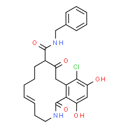ChemSpider 2D Image | (5E)-N-Benzyl-13-chloro-14,16-dihydroxy-1,11-dioxo-1,2,3,4,7,8,9,10,11,12-decahydro-2-benzazacyclotetradecine-10-carboxamide | C25H27ClN2O5
