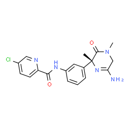 ChemSpider 2D Image | N-{3-[(2R)-6-Amino-2,4-dimethyl-3-oxo-2,3,4,5-tetrahydro-2-pyrazinyl]phenyl}-5-chloro-2-pyridinecarboxamide | C18H18ClN5O2