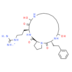 ChemSpider 2D Image | ({3-[(3S,16R,21aS)-5,14-Dihydroxy-1,4,17-trioxo-16-(2-phenylethyl)icosahydro-1H-pyrrolo[1,2-d][1,4,7,11]tetraazacyclononadecin-3-yl]propyl}amino)(imino)methanaminium | C30H50N7O5
