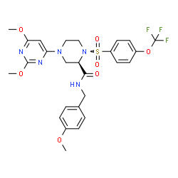 ChemSpider 2D Image | (2R)-4-(2,6-Dimethoxy-4-pyrimidinyl)-N-(4-methoxybenzyl)-1-{[4-(trifluoromethoxy)phenyl]sulfonyl}-2-piperazinecarboxamide | C26H28F3N5O7S