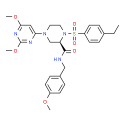 ChemSpider 2D Image | (2R)-4-(2,6-Dimethoxy-4-pyrimidinyl)-1-[(4-ethylphenyl)sulfonyl]-N-(4-methoxybenzyl)-2-piperazinecarboxamide | C27H33N5O6S