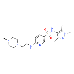 ChemSpider 2D Image | 6-{[2-(4-Methyl-1-piperazinyl)ethyl]amino}-N-(1,3,5-trimethyl-1H-pyrazol-4-yl)-3-pyridinesulfonamide | C18H29N7O2S