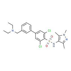 ChemSpider 2D Image | 3,5-Dichloro-3'-[(diethylamino)methyl]-N-(1,3,5-trimethyl-1H-pyrazol-4-yl)-4-biphenylsulfonamide | C23H28Cl2N4O2S