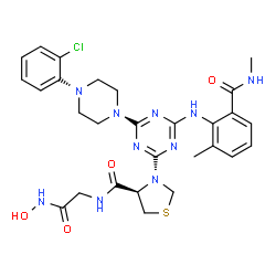 ChemSpider 2D Image | (4R)-3-(4-[4-(2-Chlorophenyl)-1-piperazinyl]-6-{[2-methyl-6-(methylcarbamoyl)phenyl]amino}-1,3,5-triazin-2-yl)-N-[2-(hydroxyamino)-2-oxoethyl]-1,3-thiazolidine-4-carboxamide | C28H33ClN10O4S