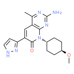 ChemSpider 2D Image | 2-Amino-8-(trans-4-methoxycyclohexyl)-4-methyl-6-(1H-pyrazol-3-yl)pyrido[2,3-d]pyrimidin-7(8H)-one | C18H22N6O2