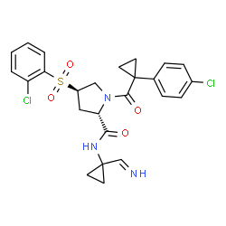 ChemSpider 2D Image | (4R)-1-{[1-(4-Chlorophenyl)cyclopropyl]carbonyl}-4-[(2-chlorophenyl)sulfonyl]-N-[1-(iminomethyl)cyclopropyl]-L-prolinamide | C25H25Cl2N3O4S