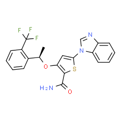 ChemSpider 2D Image | 5-(1H-Benzimidazol-1-yl)-3-{(1R)-1-[2-(trifluoromethyl)phenyl]ethoxy}-2-thiophenecarboxamide | C21H16F3N3O2S