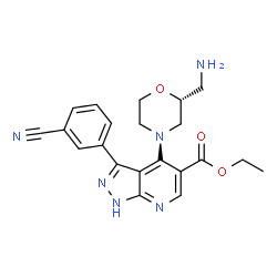 ChemSpider 2D Image | Ethyl 4-[(2R)-2-(aminomethyl)-4-morpholinyl]-3-(3-cyanophenyl)-1H-pyrazolo[3,4-b]pyridine-5-carboxylate | C21H22N6O3