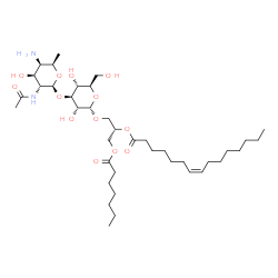 ChemSpider 2D Image | (2S)-1-{[3-O-(2-Acetamido-4-amino-2,4,6-trideoxy-beta-D-galactopyranosyl)-alpha-D-glucopyranosyl]oxy}-3-(heptanoyloxy)-2-propanyl (7Z)-7-pentadecenoate | C39H70N2O13