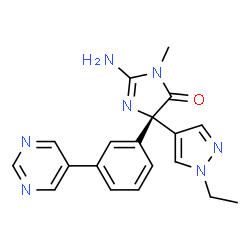 ChemSpider 2D Image | (5S)-2-Amino-5-(1-ethyl-1H-pyrazol-4-yl)-3-methyl-5-[3-(5-pyrimidinyl)phenyl]-3,5-dihydro-4H-imidazol-4-one | C19H19N7O