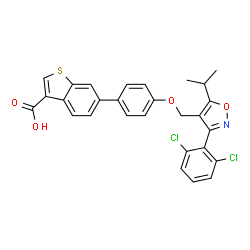 ChemSpider 2D Image | 6-(4-{[3-(2,6-Dichlorophenyl)-5-isopropyl-1,2-oxazol-4-yl]methoxy}phenyl)-1-benzothiophene-3-carboxylic acid | C28H21Cl2NO4S