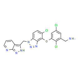 ChemSpider 2D Image | 1-(2,5-Dichloro-3-{[5-chloro-1-(2H-pyrazolo[3,4-b]pyridin-3-ylmethyl)-1H-benzotriazol-4-yl]oxy}phenyl)methanamine | C20H14Cl3N7O