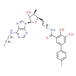 ChemSpider 2D Image | 5-(4-Fluorophenyl)-2,3-Dihydroxy-N-[(E)-3-[(2r,3r,4r,5r)-4-Hydroxy-3-Methyl-5-[6-(Propylamino)purin-9-Yl]oxolan-2-Yl]prop-2-Enyl]benzamide | C29H31FN6O5