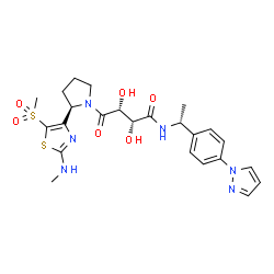 ChemSpider 2D Image | (2R,3R)-2,3-Dihydroxy-4-{(2R)-2-[2-(methylamino)-5-(methylsulfonyl)-1,3-thiazol-4-yl]-1-pyrrolidinyl}-4-oxo-N-{(1R)-1-[4-(1H-pyrazol-1-yl)phenyl]ethyl}butanamide | C24H30N6O6S2