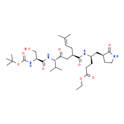 ChemSpider 2D Image | Ethyl (4R)-4-({(2R,5S)-6-methyl-2-(3-methyl-2-buten-1-yl)-5-[(N-{[(2-methyl-2-propanyl)oxy]carbonyl}-L-seryl)amino]-4-oxoheptanoyl}amino)-5-[(3S)-2-oxo-3-pyrrolidinyl]pentanoate | C32H54N4O9