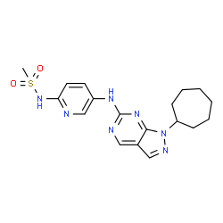 ChemSpider 2D Image | N-{5-[(1-Cycloheptyl-1H-pyrazolo[3,4-d]pyrimidin-6-yl)amino]-2-pyridinyl}methanesulfonamide | C18H23N7O2S